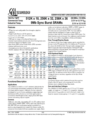 GS88018BT-225I datasheet - 225MHz 6ns 512K x 18 9Mb sync burst SRAM