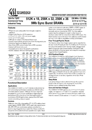 GS88036BT-166I datasheet - 166MHz 7ns 256K x 36 9Mb sync burst SRAM