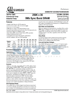 GS88037BT-150I datasheet - 150MHz 256K x 36 9Mb sync burst SRAM