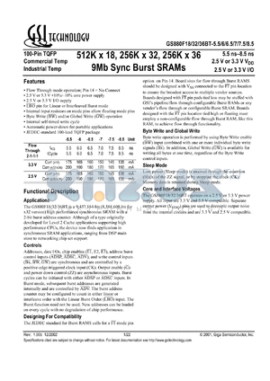 GS880F32BT-7I datasheet - 7ns 256K x 32 9Mb sync burst SRAM