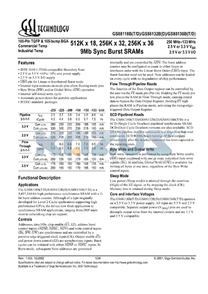 GS88118BT-133 datasheet - 133MHz 8.5ns 512K x 18 9Mb sync burst SRAM