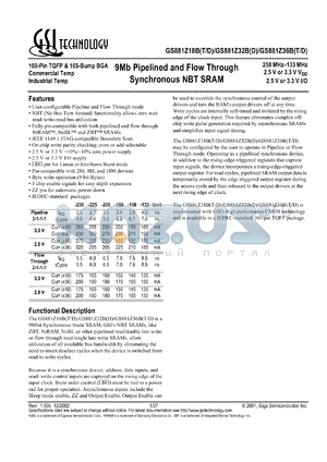 GS881Z18BT-225I datasheet - 225MHz 6ns 512K x 18 9Mb pupelined and flow through sync NBT SRAM