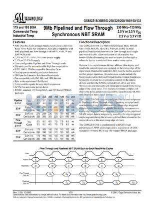 GS882Z36BB-225I datasheet - 225MHz 6ns 256K x 36 9Mb pipelined and flow through synchronous NBT SRAM
