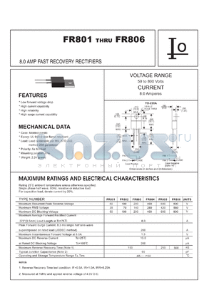 FR802R datasheet - Fast recovery rectifier. Case negative.  Maximum recurrent peak reverse voltage 100V. Maximum average forward rectified current 8.0A.