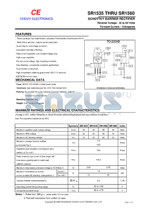 SR1545A datasheet - Schottky barrier rectifier. Common anode.  Max repetitive peak reverse voltage 45 V. Max average forward rectified current 15.0 A.
