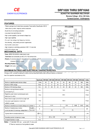 SRF10A0A datasheet - Schottky barrier rectifier. Common anode. Max repetitive peak reverse voltage 100 V. Max average forward rectified current 10.0 A.