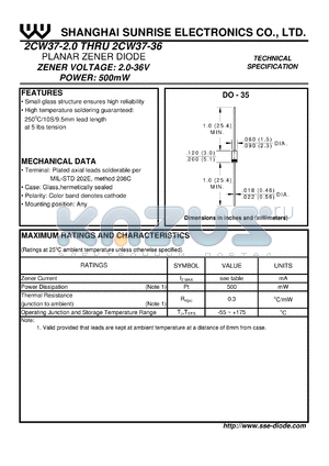 2CW37-11A datasheet - Planar zener diode. Zener voltage Vz = 10.40-11.10 V. Zener current Iz = 5 mA.