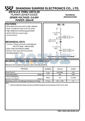 XR73-3.0 datasheet - Planar zener diode. Zener voltage Vz = 2.85-3.22 V. Zener current Iz = 20 mA. Power dissipation Pt = 500 mW.