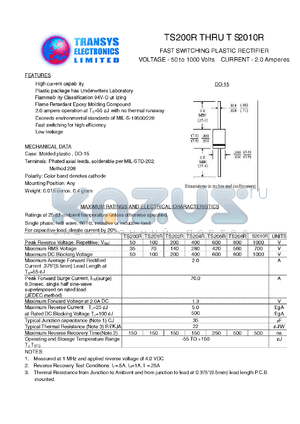 TS2010R datasheet - 1000 V,  2 A, fast switching plastic rectifier