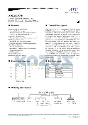 AM24LC04S8 datasheet - 2.7-5.5V 4-wire serial 4K-bits (512 x 8) CMOS electrically erasable PROM