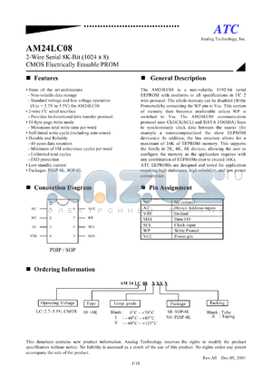 AM24LC08S8 datasheet - 2.7-5.5V 2-wire serial 8K-bits (1024 x 8) CMOS electrically erasable PROM