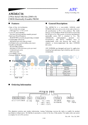 AM24LC16S8 datasheet - 2.7-5.5V 2-wire serial 16K-bits (20484 x 8) CMOS electrically erasable PROM