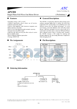 AP1301MS datasheet - 3.8-16.8V single-phase full-wave fan motor driver