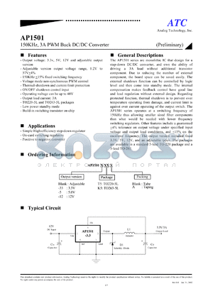 AP150133T5 datasheet - 3.3V 150KHz, 3A PWM buck DC/DC converter