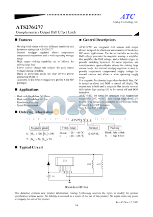 ATS276S datasheet - 3.5-20V complementary output hall effect latch