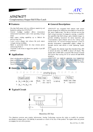 ATS276SA datasheet - 3.5-20V complementary output hall effect latch
