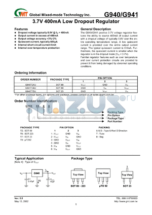 G949T73U datasheet - 3.7 V, 400 mA low dropout regulator