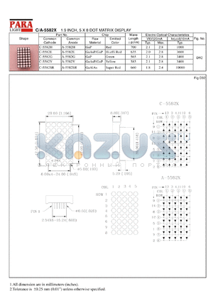 A-5582SR datasheet - Common anode super red 1.9 inch, 5x8 dot matrix display