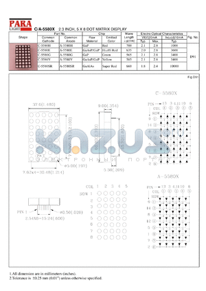 A-5580E datasheet - Common anode hi.effi red 2.3 inch, 5x8 dot matrix display