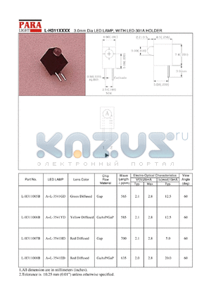 L-H311005B datasheet - 3.0 mm dia LED lamp, with LED-301A holder