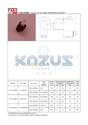 L-H511005B datasheet - 5.0 mm dia LED lamp, with H5051 holder