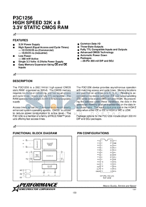 P3C1256-12JC datasheet - 12 ns, 3.3 V static CMOS RAM, 32 K x 8 high speed