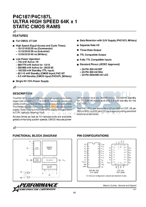P4C187L-15LM datasheet - 15 ns,static CMOS RAM, 64 K x 1 ultra high speed