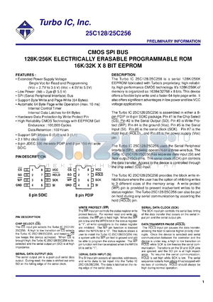TU25C128SI datasheet - CMOS SPI bus. 128K electrically erasable programmable ROM. 16K x 8 bit EEPROM. Voltage 4.5V to 5.5V.