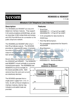 XE0055S1 datasheet - Miniature V.34 telephone line interface. Vertical mount.