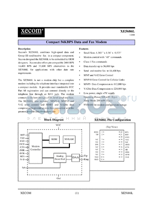 XE5686L datasheet - Compact 56 Kbps data and fax modem.