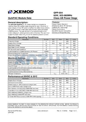 QPP-004 datasheet - QuikPAC module data. 60W, 925-960 MHz, Class AB power stage.