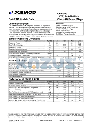 QPP-005 datasheet - QuikPAC module data. 120W, 869-894 MHz, Class AB power stage.