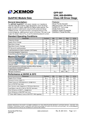 QPP-007 datasheet - QuikPAC module data. 35W, 925-960 MHz, Class AB driver stage.