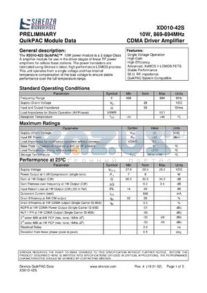 XD010-42S datasheet - QuikPAC module data. 10W, 869-894 MHz. CDMA driver amplifier.