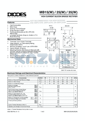 MB15-8 datasheet - 800V; 15.0A high current silicon bridge rectifier