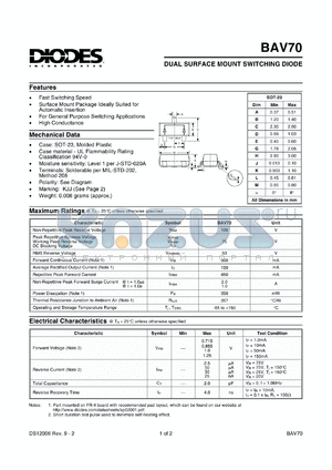 BAV70-7 datasheet - 100V; dual surface mount switching diode. For general purpose switching applications