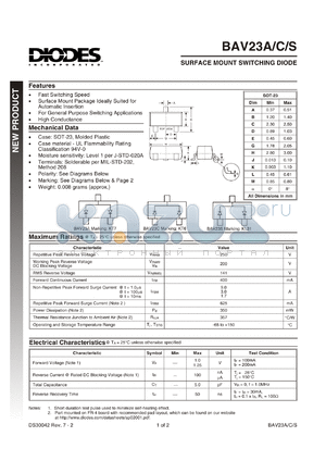 BAV23A-7 datasheet - 250V; 400mA surface mount switching diode. For general purpose switching applications