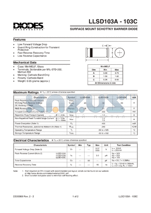 LLSD103A-13 datasheet - 40V; 15mA surface mount schottky barrier diode. Guard ring for transient protection