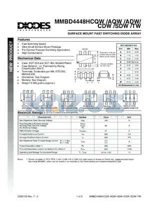 MMBD4448HADW-7 datasheet - 100V; 500mA surface mount fast switching diode. For general purpose swithcing applications