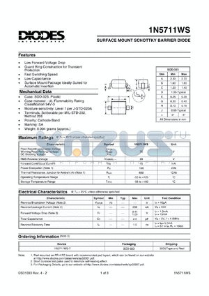 1N5711WS-7 datasheet - 70V; 15mA surface mount schottky barrier diode. Ideally suited for automatic insertion