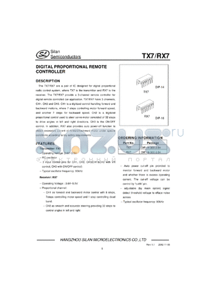 TX7 datasheet - 3.6-5.5V digital proportional remote controller with five functions. For remote control car applications
