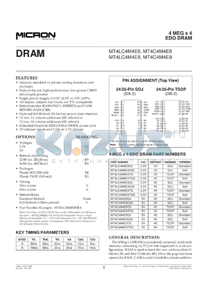 MT4LC4M4E8DJ-5 datasheet - 4Meg x 4 banks, EDO DRAM, 3.3V, standard refresh, 50ns