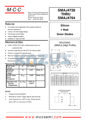 SMAJ4728A datasheet - Pd=1.0W, Vz=3.3V zener diode