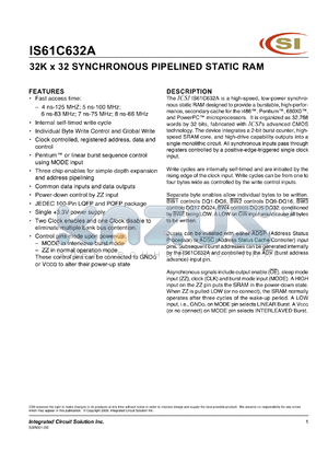 IS61C632A-7PQI datasheet - 7ns; 75MHz; 32 x 32 synchronous pipelined static RAM