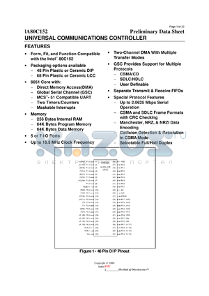 IA80C152JA-PLC68I datasheet - 16.5MHz; 391.1mW universal communications controller