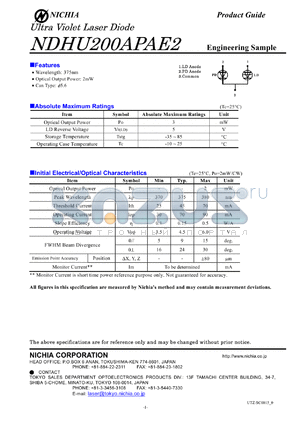 NDHU200APAE2 datasheet - 2mW; 5V; 70mA blue laser diode