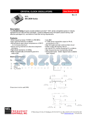 HS2830 datasheet - 5 V,+/-100 ppm,  ECL crystal clock oscillator