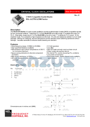 HAA137A datasheet - 3.3 V,+/-20 ppm, CMOS compatible enable/disable crystal clock oscillator