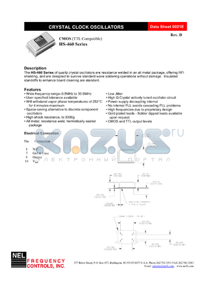 SMA460 datasheet - 3.3 V, +/-100 ppm, CMOS  crystal clock oscillator