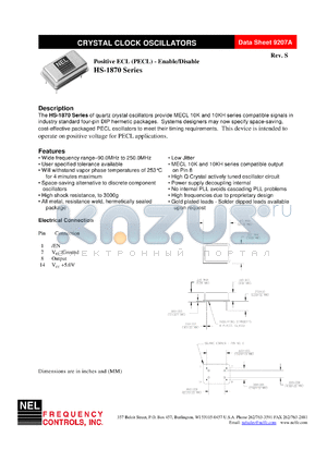 SMA1870 datasheet - 3.3 V, +/-100 ppm, positive ECL crystal clock oscillator